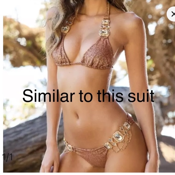 NWT dusty rose rhinestone competition M XL triangle string scrunch jewels bikini - Picture 4 of 16